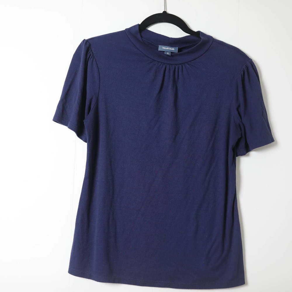 Modcloth Navy Blue Ribbed Knit Mockneck Crew Shirt Size Medium